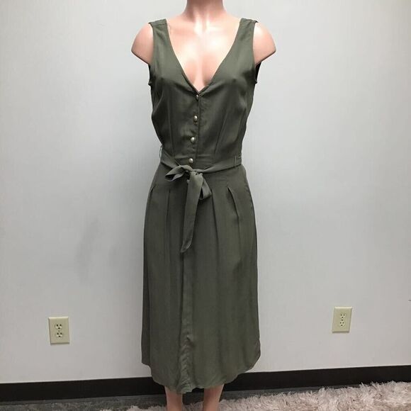 Row A Womens Button Front A Line Dress Green Belted V‎ Neck Pleated XS New - Picture 1 of 9